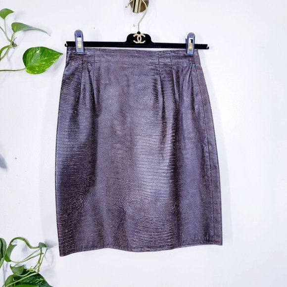 VAKKO Brown Mini Pencil Skirt 4 SMALL Leather Snakeskin‎ Embossed High Waisted - Picture 1 of 9